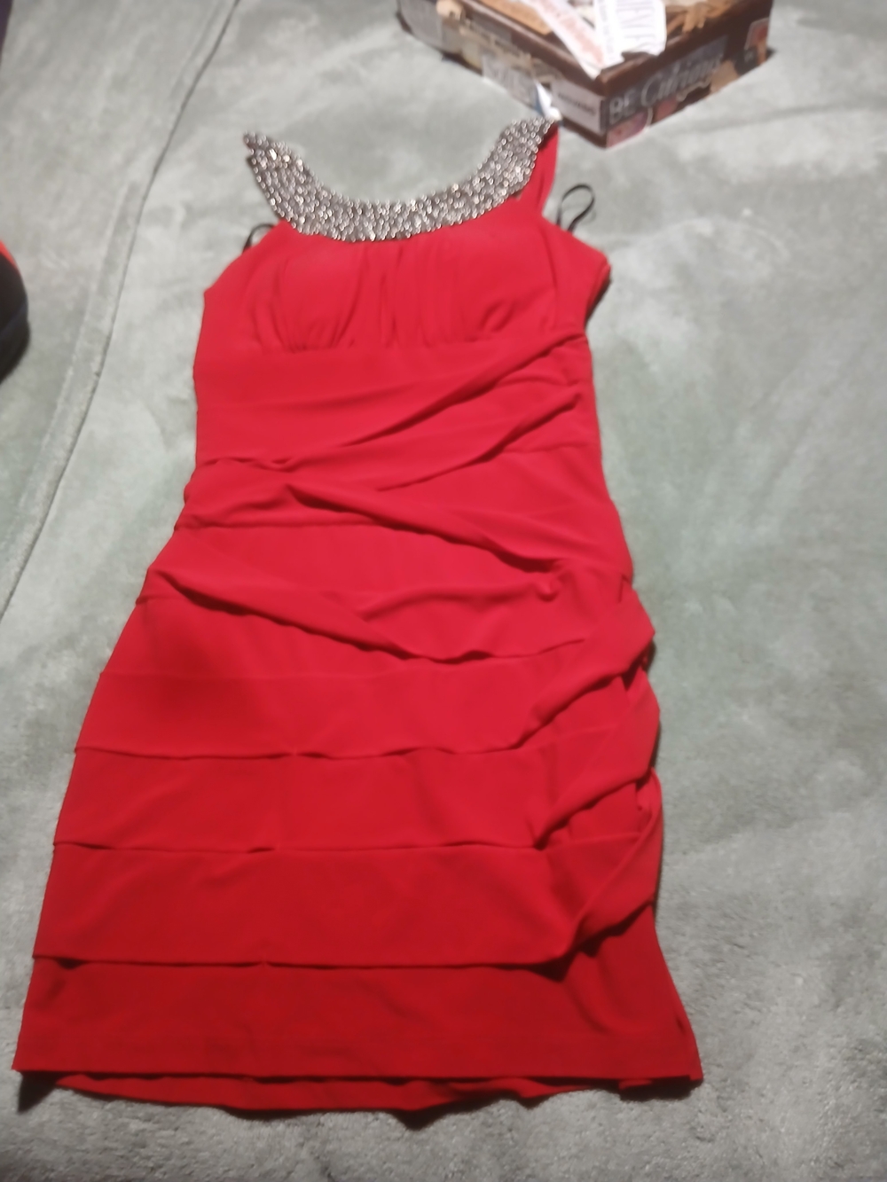 Red Embellished Neckline Sheath Dress - Women
